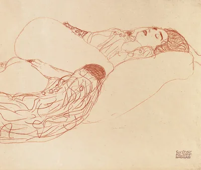 Red chalk drawing of a woman lying back on a pillow, eyes closed and lips parted, one hand resting between her thighs.