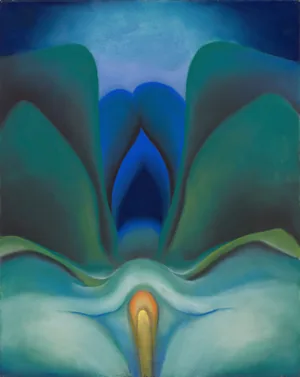 Pastel of a flower seen close up in blue and green, broad petals opening around a deep blue centre and a small glowing orange core.