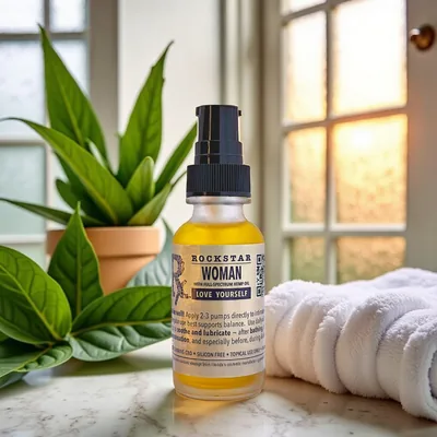 Rockstar Woman intimate & body oil on a sunny windowsill beside a folded white towel
