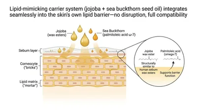 The carrier as a lipid mimic: jojoba's wax esters and sea buckthorn's palmitoleic acid entering the corneocyte-and-mortar structure of the stratum corneum.