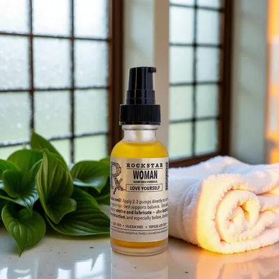 Rockstar Woman ~ Hemp Free intimate & body oil on a sunny windowsill beside a folded towel