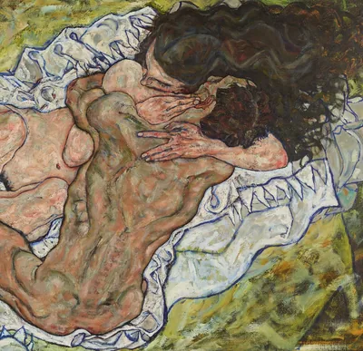 Painting of a nude couple in a tight embrace on rumpled white sheets, his face pressed to her cheek, her dark hair spread across the pillow.