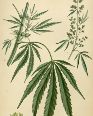 Botanical plate of hemp: one large fan leaf of seven narrow serrated leaflets below a leafy stem and a spray of small green flowers, with a seed and flower details at the foot.