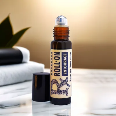 Rockstar Roll On Entourage with its cap off, on a marble counter