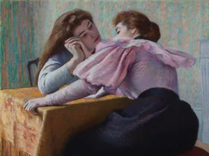 Painting of two young women leaning together at a table in conversation, one resting her cheek on her hand.