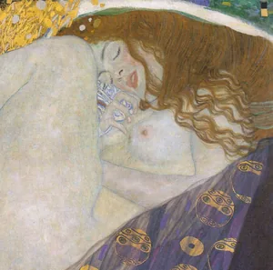 Painting of a nude red-haired woman curled on her side with her eyes closed and lips parted, wrapped in sheer violet cloth as a stream of gold falls against her thigh.