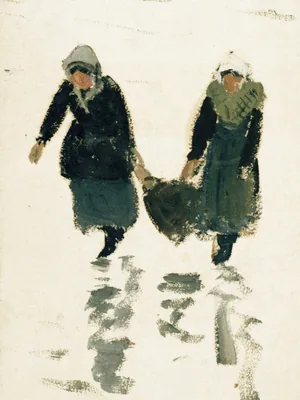 Watercolour of two women in dark clothes walking across wet sand, carrying a heavy basket between them.