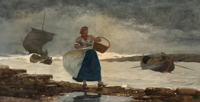 Watercolour of a woman in a blue skirt and white apron striding along wet rocks in a gale, a basket under her arm, boats on a rough grey sea behind.