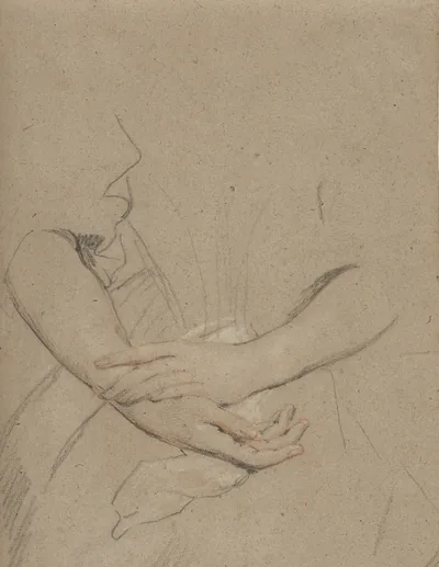 Chalk drawing on grey-brown paper of a woman's forearms crossed at rest, one hand laid lightly over the other wrist.